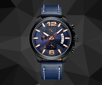 El 2285- Azul es el reloj perfecto para toda ocasión. Está hecho con excelentes materiales: negro carbon y estilo de hebilla. La pantalla analógica y la retroiluminación garantizan la visibilidad, mientras que la resistencia al agua de hasta 30 mts lo hacen fuerte. Se presenta en un estilo deportivo militar con cronógrafo y fechador para hombre.