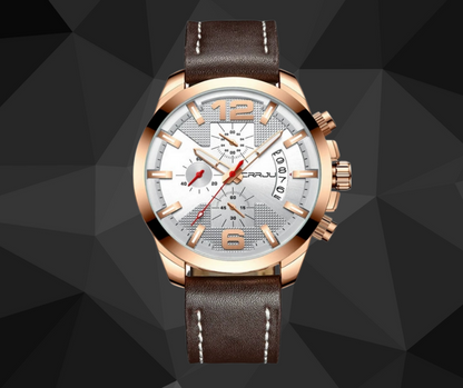 El 2285-Cafe es el reloj perfecto para toda ocasión. Está hecho con excelentes materiales: chocolate, oro rosa y estilo de hebilla. La pantalla analógica y la retroiluminación garantizan la visibilidad, mientras que la resistencia al agua de hasta 30 mts lo hacen fuerte. Se presenta en un estilo deportivo militar con cronógrafo y fechador para hombre.